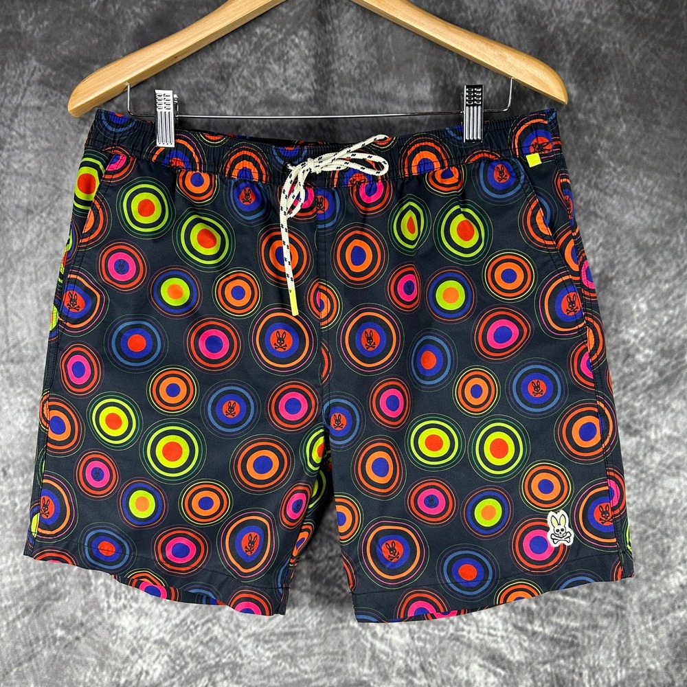 Psycho Bunny Swim Shorts Mens L Multicolor Target Print Mesh Lined Drawstring